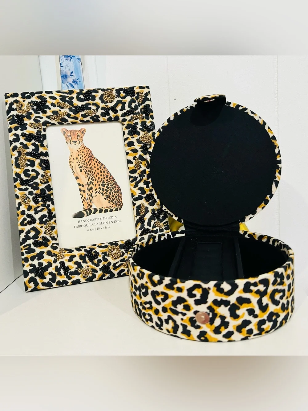 Leopard Print Round Jewelry Box with Matching Photo Frame and Beaded Accents